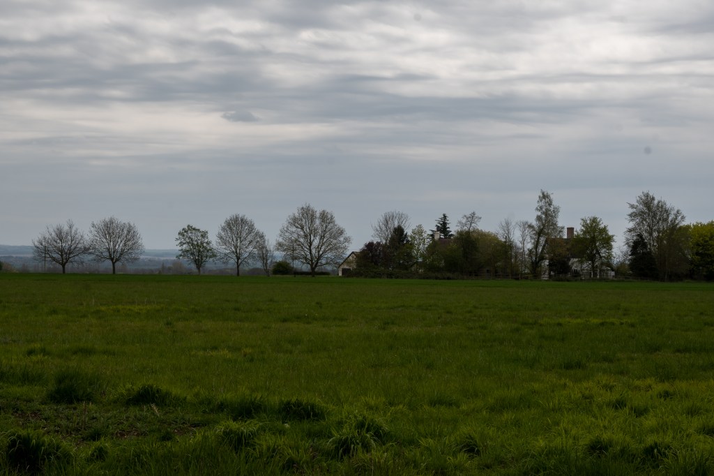 A green fields and then skeletal trees on the horizon to the right is a white barn like building and then a house, the conservatory of which is visible behind more trees. The sky is grey with swirls of white. 