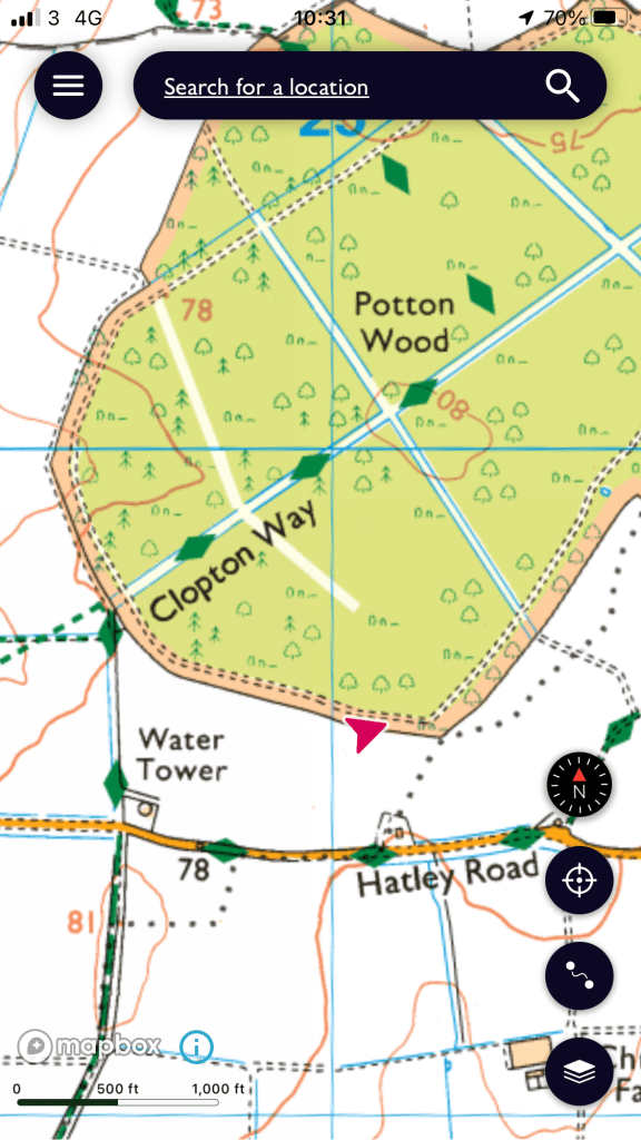 A map of the wood showing its boundary path to the south and magenta arrow showing my location.