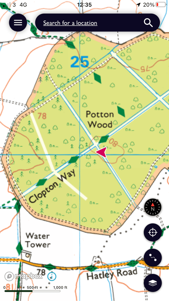 A map of the wood showing its boundary path to the south and magenta arrow showing my location. this time deeper into the woods