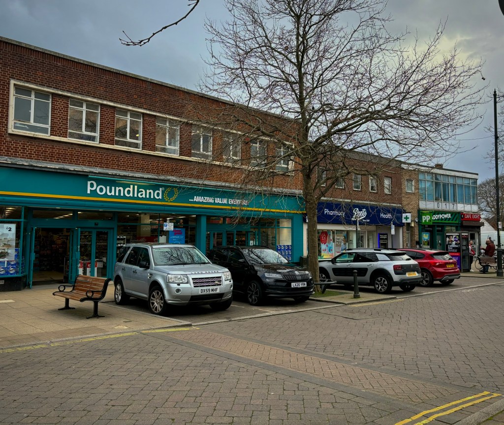 A road with parking bays in front of a strip of 1960s flat roofed shops. On the left is pound land and then Boots. There is a winter tree in front of the shops and bench to the left. The sky is grey cloud.