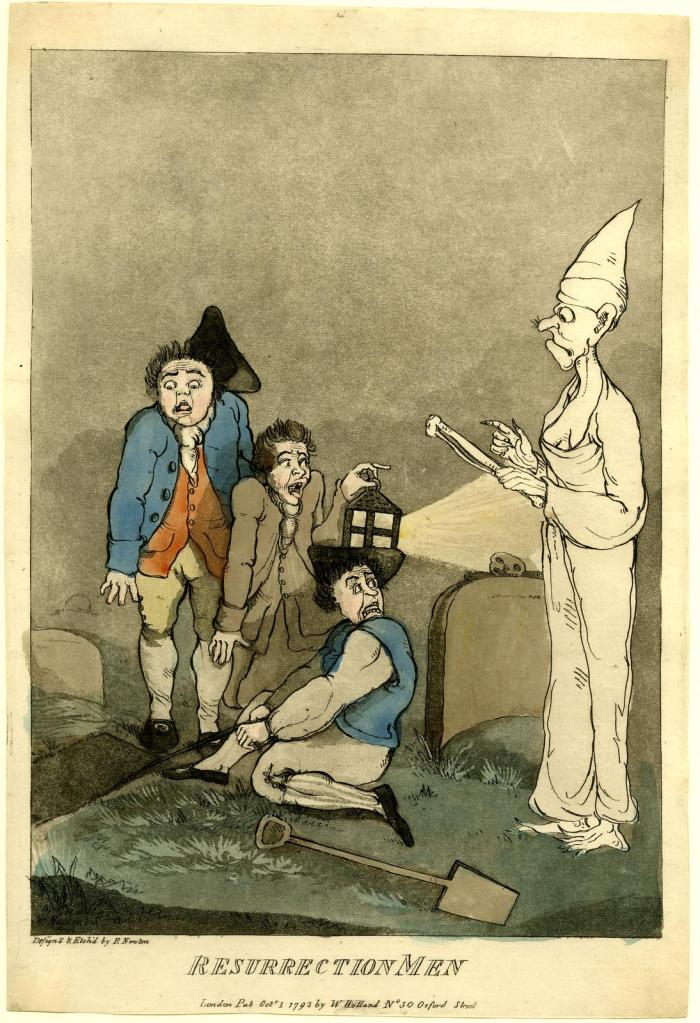 Three men gathered around a grave one with a torch which he is shining on a white ghost, A spade lies on the ground. Each of the men are screaming. 