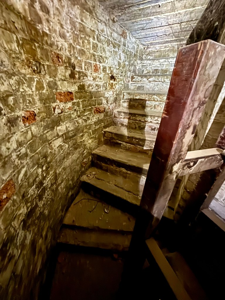 A close up of the steps curving around to the right. They have a thick layer of dust on them and the bricks in the wall are small and old looking. There is a wooden frame to the right covered in cobwebs. 
