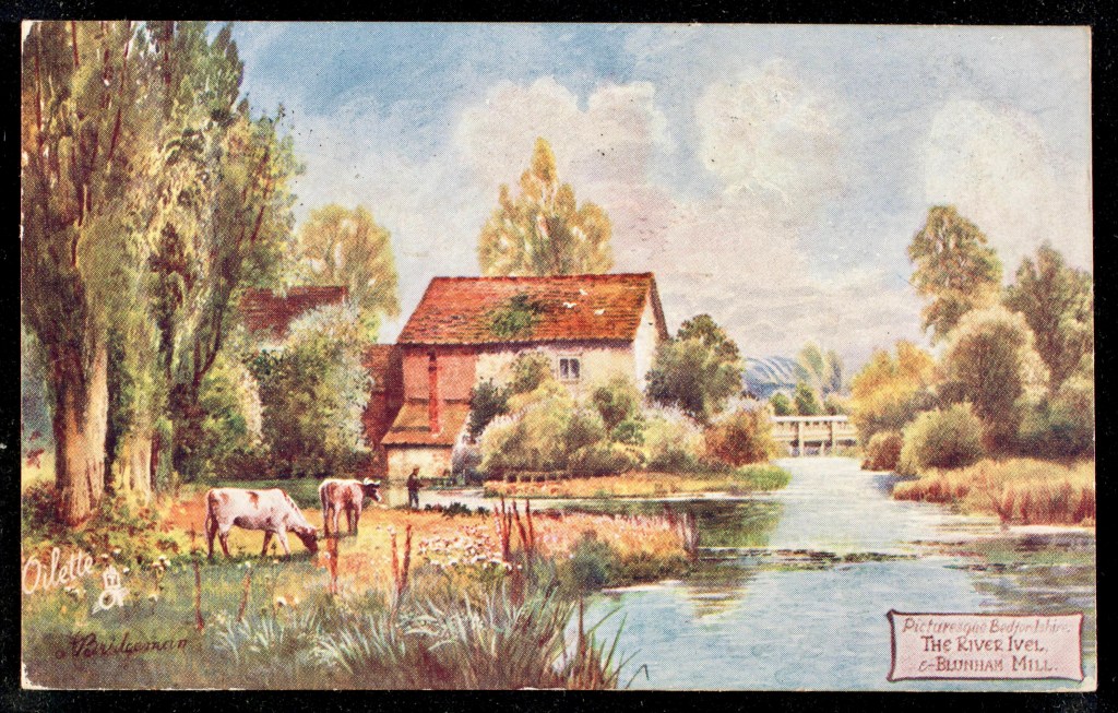 A water colour of a pretty red roofed mill with trees and cows in the foreground and the river on the right. 