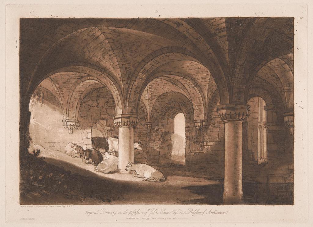 an etching of the vaulted cieling of the crypt at Kirkstall abbey with cattle lying in a shaft of sunlight.