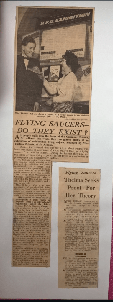 Two newspaper clippings. The first with a headline that says Flying Saucers Do They Exist shows a photo of a woman wearing a white blouse and clack and white striped skirt holding out a model of a UFO to a man in a dinner jacket and bow tie. The other clipping headline says Flying Saucers Thelma Seeks Proof for Her Theory.