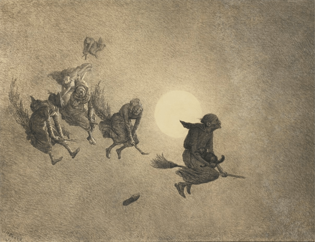 A pen an ink sketch of a night sky with a pale full moon and 6 witches on broomsticks flying across the sky.