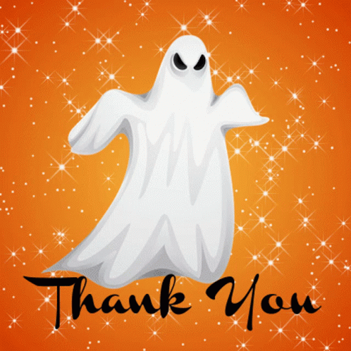 a sparkling ghost on an orange background with Thank you written below it!