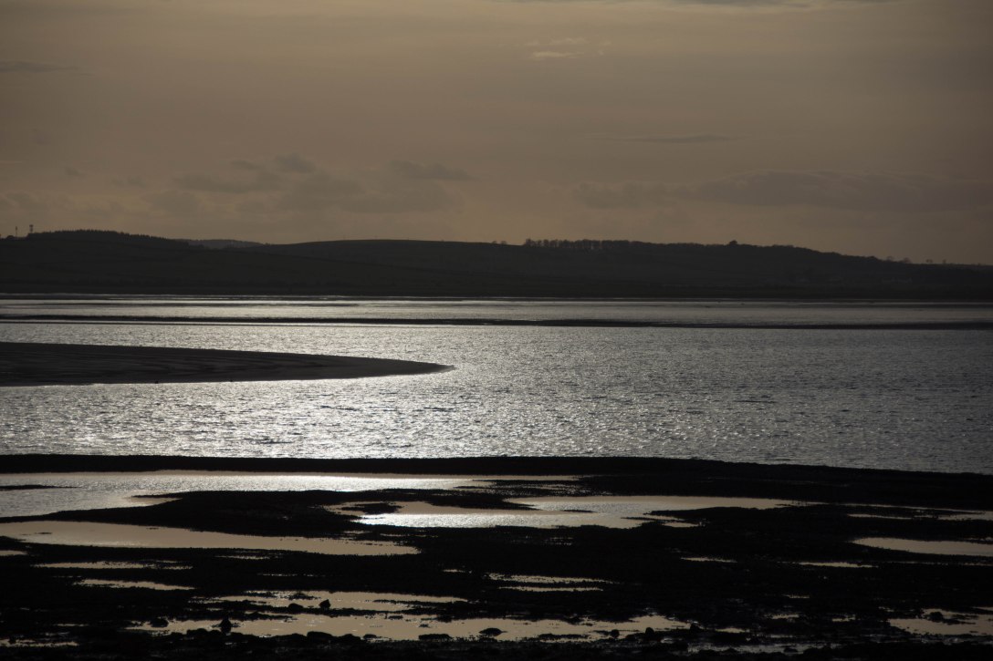 silvery snaking sea against dark sand and buff grey sky