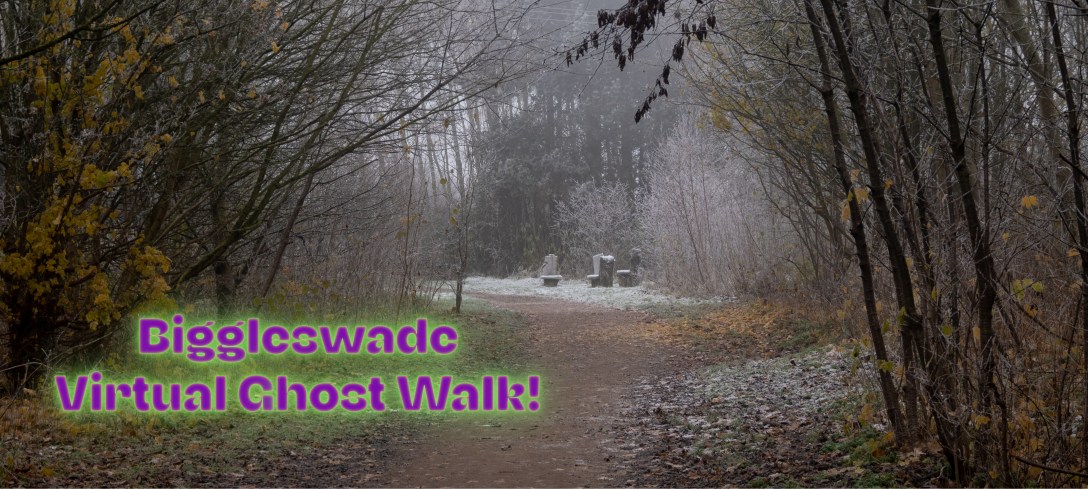 A frosty woodland path and clearing in the distance with wooden seats with frost on them.