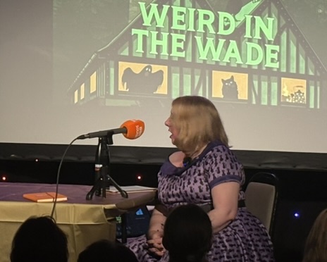 Me speaking into a mic with the weird in the wade logo behind me.