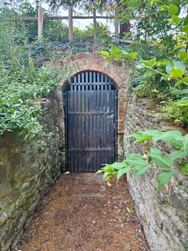 A metal lattice in front of a wooden door cut into the mound with stone walls leading to it. Ivy and other plants surround it. Above the door is a fence leading up to the top of the castle mound. 