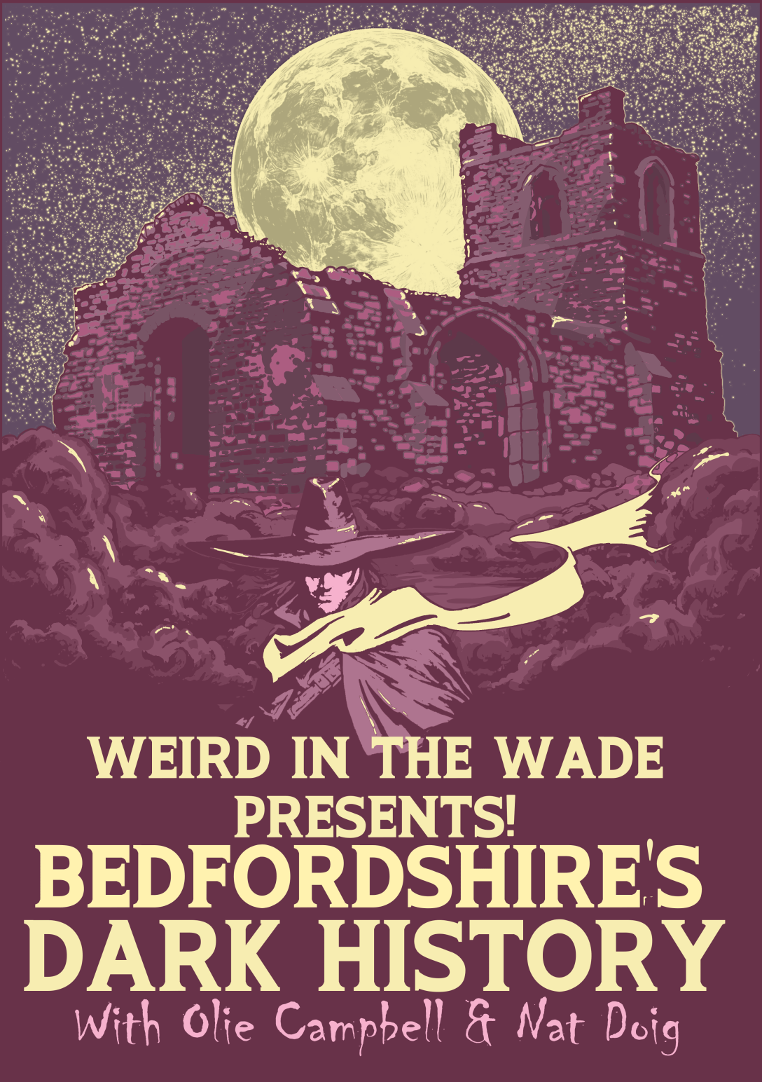 Poster for Weird in the Wade Presents Bedfordshire's Dark History with a ruined church against a large moon and star filled sky. In the foreground a cloaked figure with a scarf stands mysteriously a hat obscuring some of his face