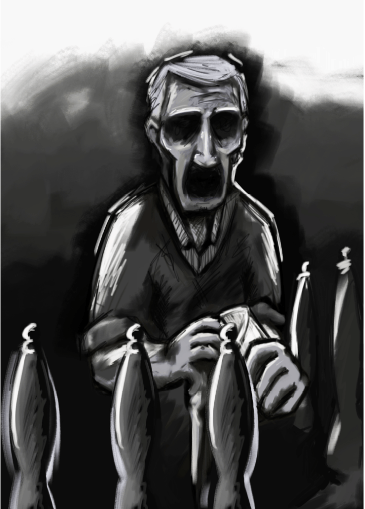 A black and white sketch of a man polishing a class in front of beer pumps. He has a thin face and where his eyes and mouth are there are gaping black holes. 