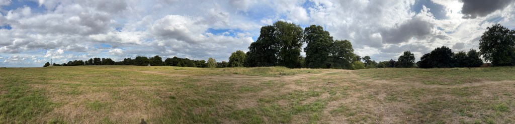 A panoramic view of the park with patchy grass and dark trees in the distance. There's a war memorial in the distance too along with Catherine's cross. The sky is cloud with patches of blue